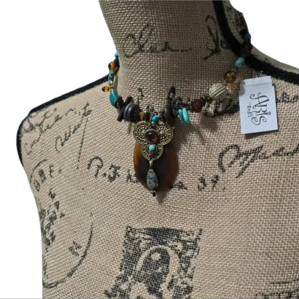 Treska‎ Turquoise and Brown Pendant Wrap Collar Necklace New